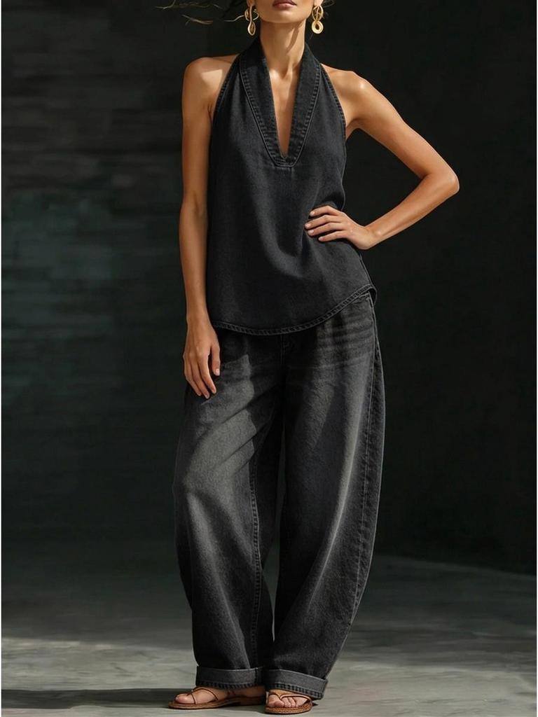 Autumn Women's Hong Kong Style Denim Halter Top and Wide-Leg Jeans Set