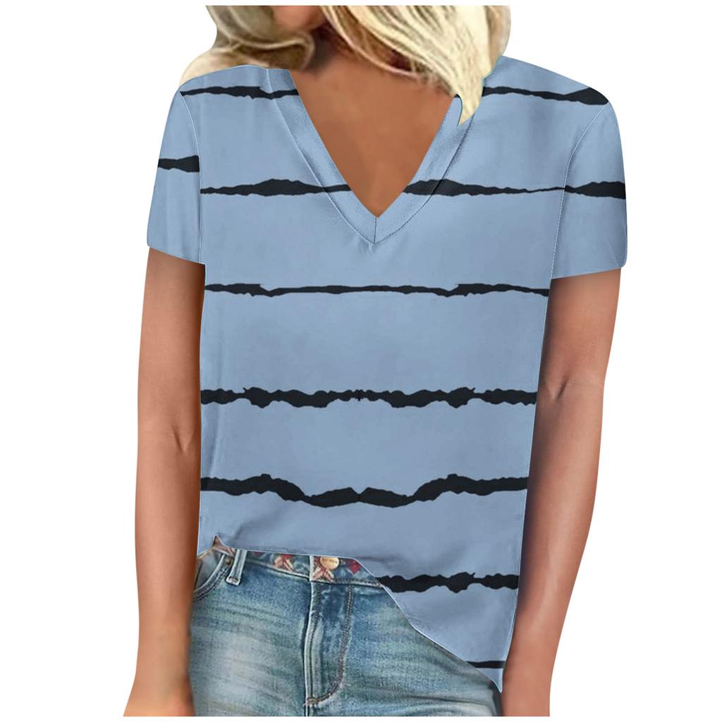 Summer V-neck 3D Stripe Printed Top Fashionable Casual Short Sleeved Women's T-shirts