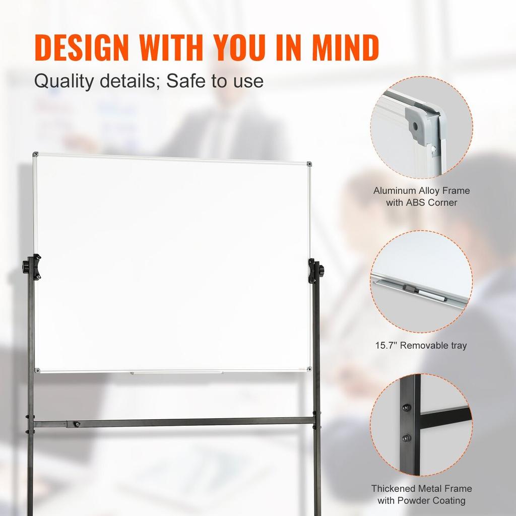 Rolling Whiteboard, 48x32 Inch Double-Sided Magnetic Mobile Whiteboard, 360° Reversible Adjustable Height Dry Erase Board with Wheels & Movable Tray