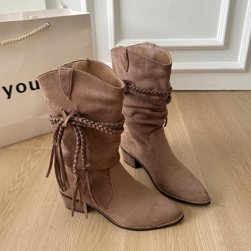 

Ретро плетеные ботинки Мартина с бахромой женские 2025 осенние модели толстый каблук тонкое среднее голенище египетские ботинки ботинки пустоши женские 40 коричневый