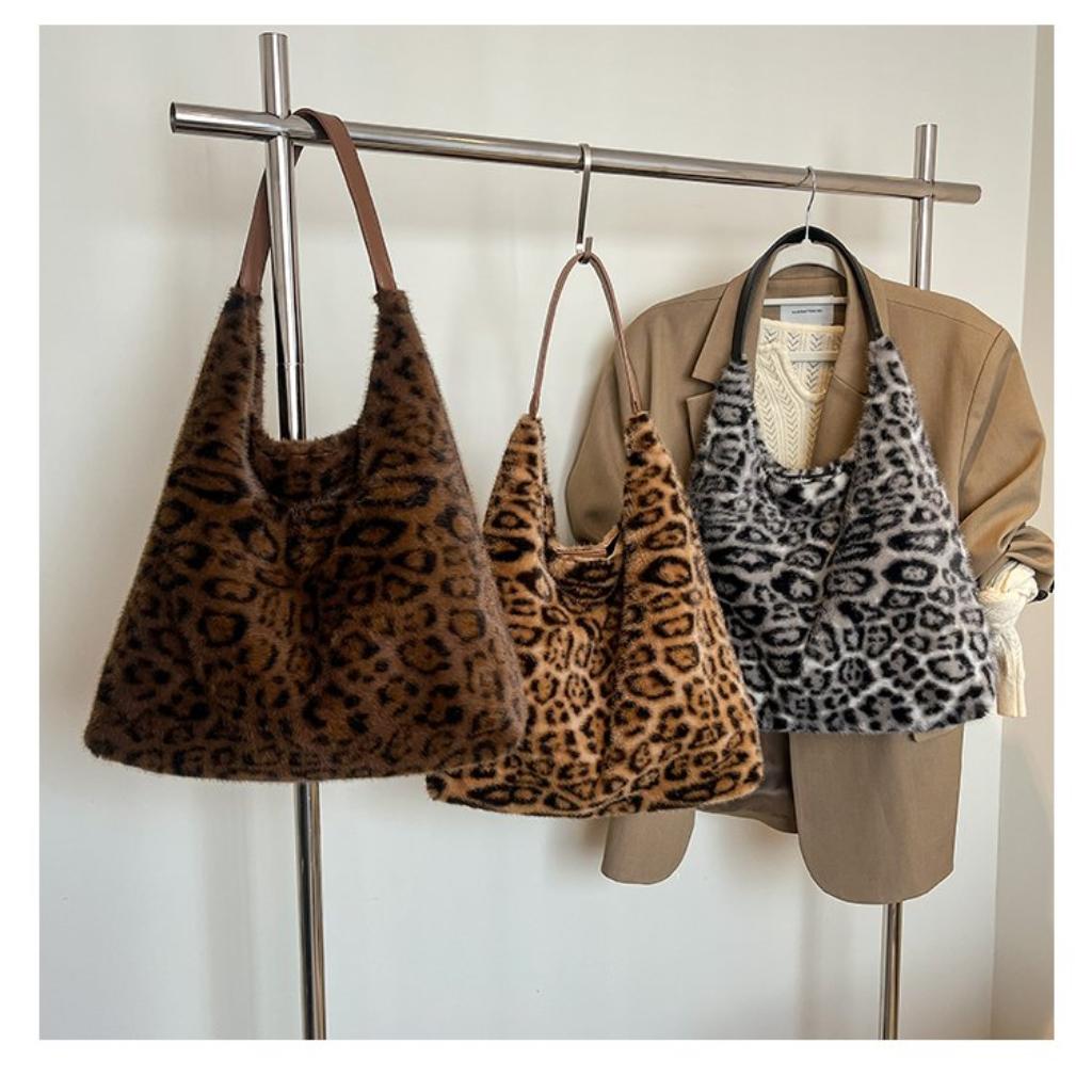 Hobo Bag for Women Plush Black Leopard Print Single Shoulder Carry Daily Use