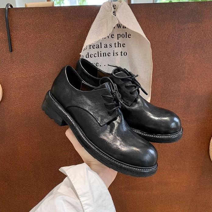 Women s Black Leather Lace-up Oxford Shoes - Thick-soled British Style Derby Loafers for AutumnWinter 2025 40 6359₽