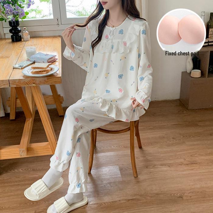 Women's Princess Style Cotton Pajama Set with Padded Bust - Lace Trim Long Sleeve for Spring/Autumn