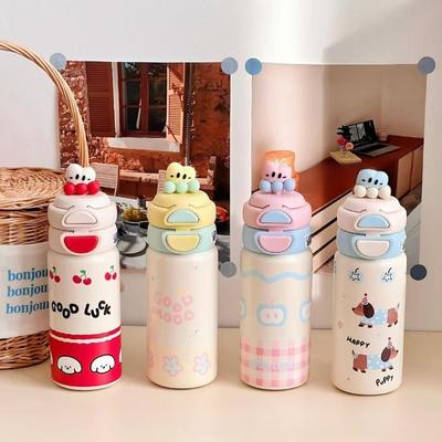 500ml Kawaii Cartoon Insulated Water Bottle, Cute Stainless Steel Vacuum Flask, Leak-Proof Straw Cup For Girls Kids