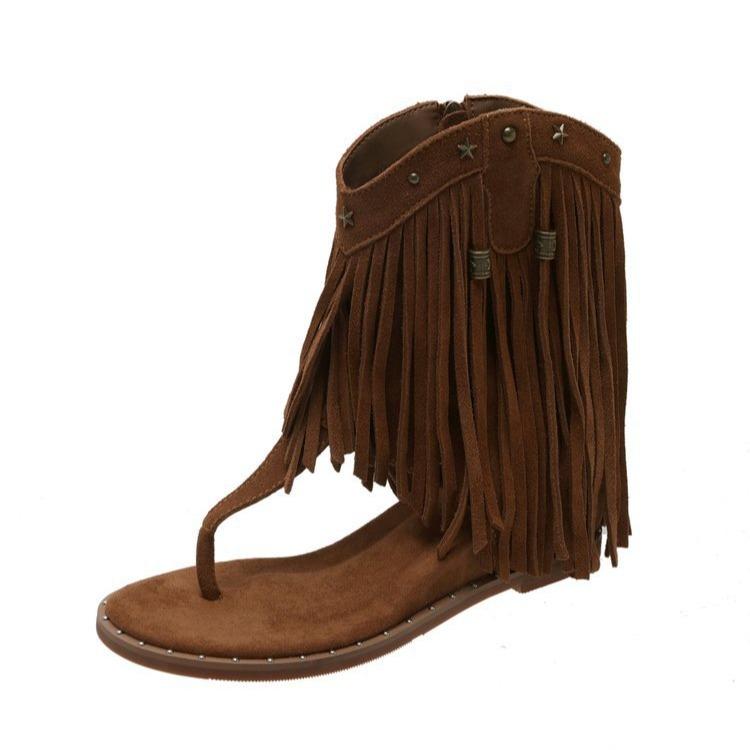 Inner Height Increase Tassel Cool Boots 2025 Women's Summer New Roman Sandals Fashion Versatile Toe Beach Sandals Women's New Models