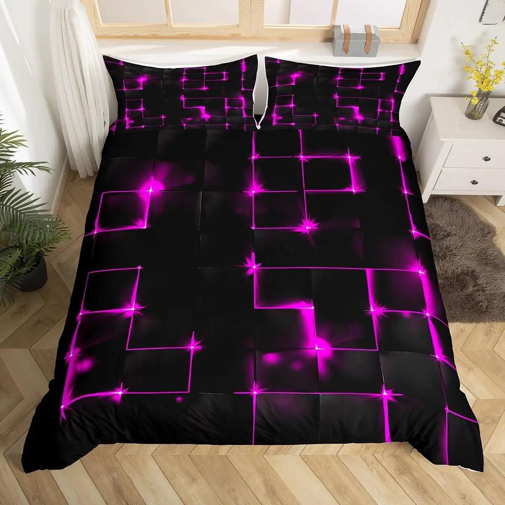 Abstract King Duvet Cover Modern Geometric Grid Square Bedding Set Red and Black Neon Light Line Geometry Themed Quilt Cover