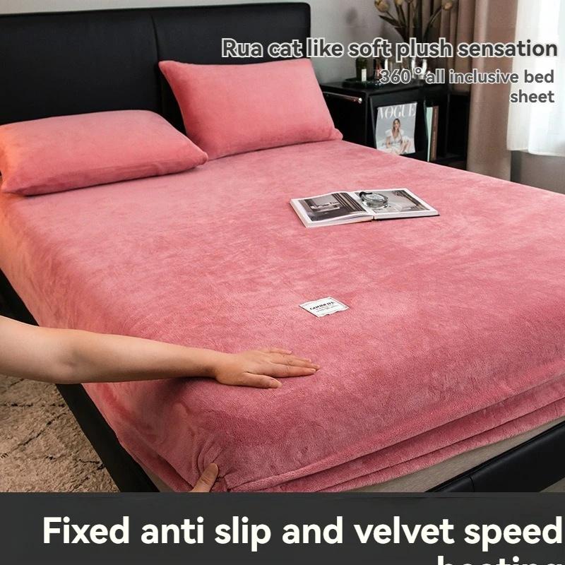 Yumuşak Sıcak Peluş Fitted Sheet Elastik Yatak Örtüsü Kabarık Mercan Polar Yatak Örtüsü Kış Çift Lüks Çift Kişilik Yatak Örtüsü