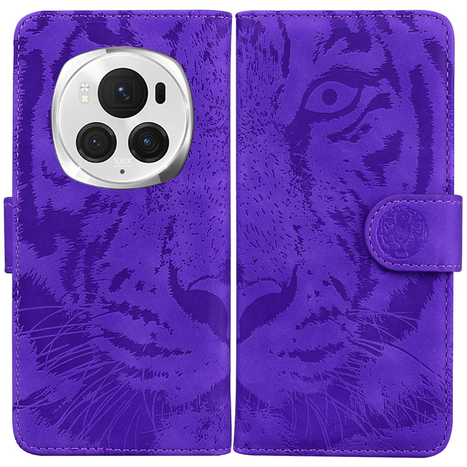 

For Honor Magic6 Pro 5G Case Tiger Imprint PU Leather Flip Phone Cover Purple