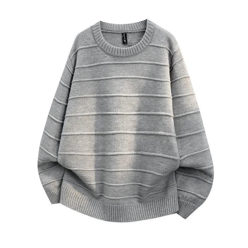 Men Autumn Winter Striped Knit Sweater Men Casual Long Sleeve Knitted Pullover Male Soild Color Knitwear Sweaters