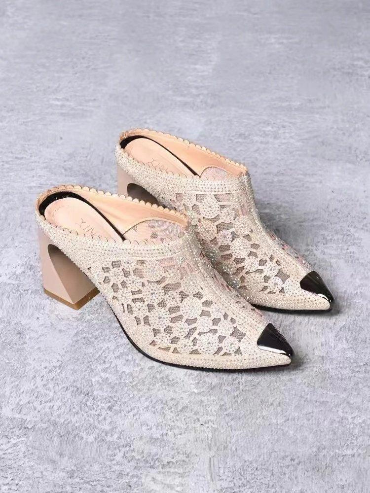 

Баотоу полутапочки женские летние остроносые сетчатые ажурные стразы прохладные тапочки летние толстые каблуки высокие каблуки 40 шампанского