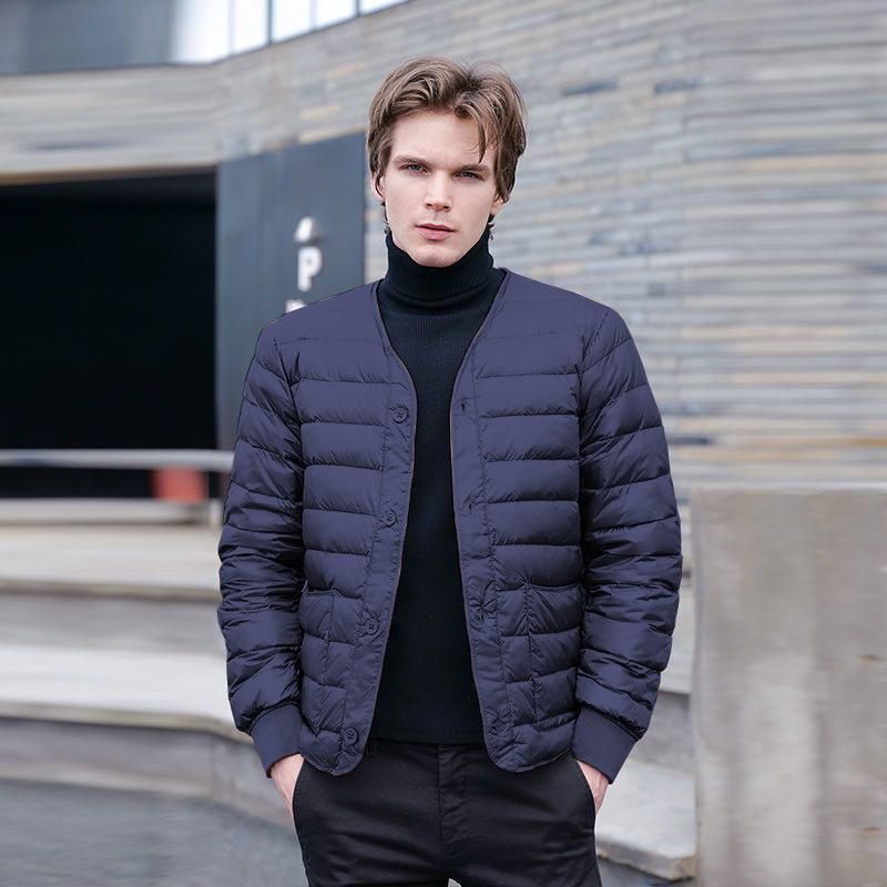 2025 down jacket men's short slim fit thickened warm and thin collarless V-neck white duck down liner jacket cotton jacket