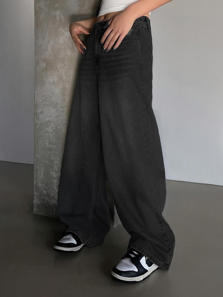 Women's European Size Black Floor-Length Wide-Leg Ripped Jeans