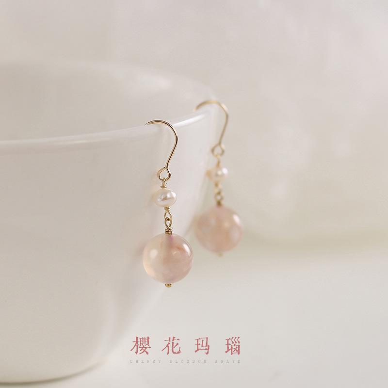 Original natural pearl cherry blossom agate earrings for women, unique vintage style niche design earrings, sweet geometric earrings