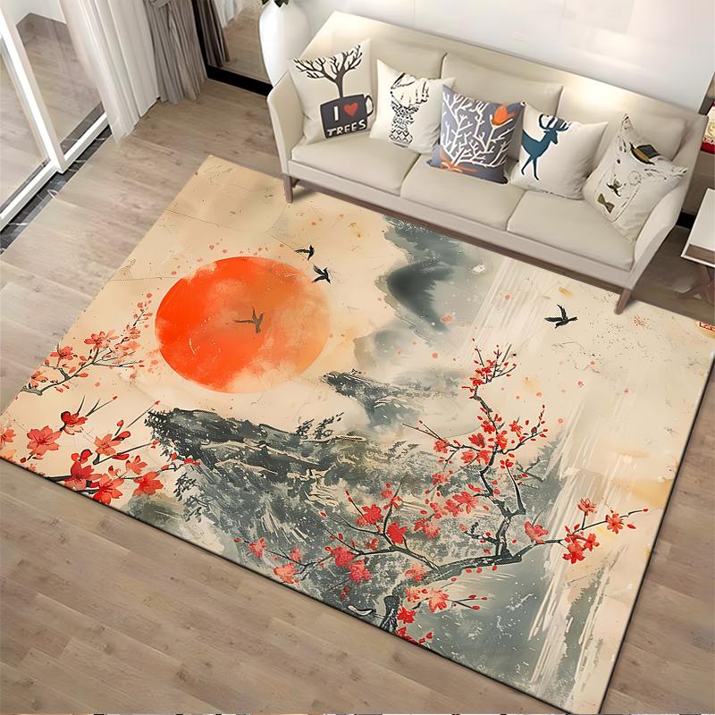 Red Sunset and Cherry Blossom Carpet with Mountains and Birds Design Suitable for use as an anti-slip for living room bedroom sofas