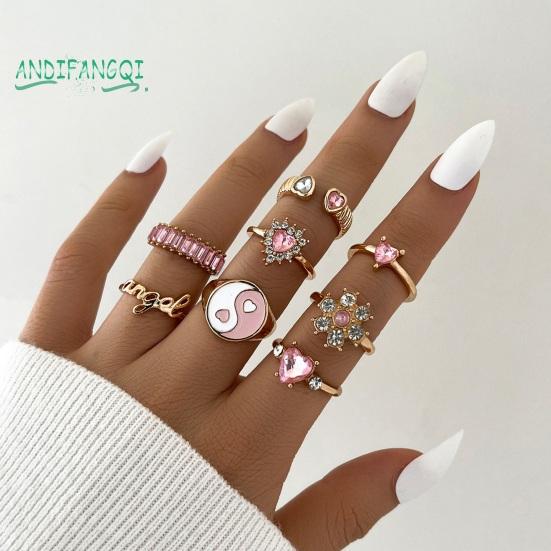 

8 шт./компл. женское кольцо на палец с блестящими стразами-сердце, цветок, буквенная форма, штабелируемое кольцо, ювелирные изделия, подарочные аксессуары