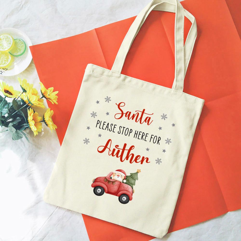 

Personalized Christmas Gift Bag Santa Please Stop Here for Kids Xmas Sack Alternative Stocking Filler Bags Xmas Eve Bag Present