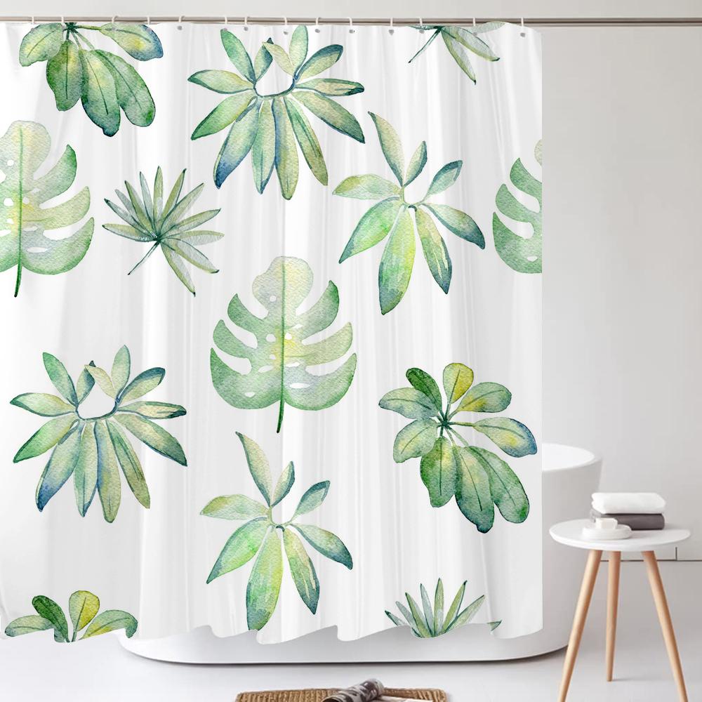 Grüne Pflanze Blatt Blume Duschvorhang, Moderner Nordic Minimalistischer Duschvorhang Polyester Stoff Badezimmervorhang für Badezimmer Dekor