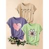 Three-piece Set of Heart and Flower Print Fashion Retro Style Women's Casual Sports Tops with Round Neck and Short Sleeves T Shirt