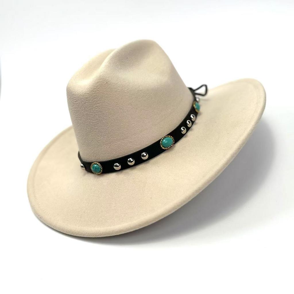 New Western Cowboy Hat, Black Woolen Jazz Top Hat, Four Seasons Men'S And Women'S Turquoise Crimped Felt Hat