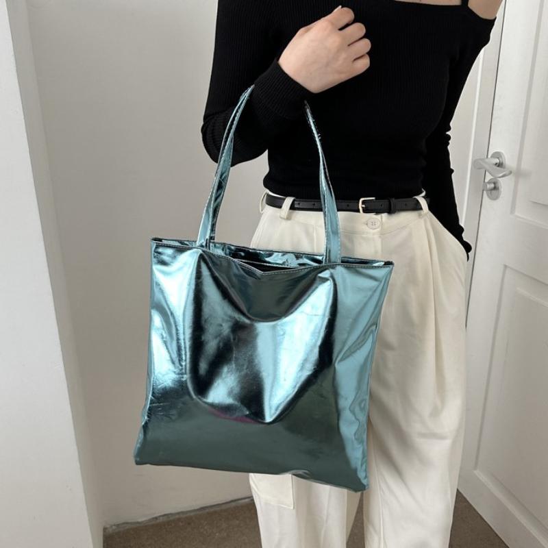 Women Glossy Tote Bag High Capacity PU Leather Fashion Lightweight Handbag for Travel Grocery Shopping Gift