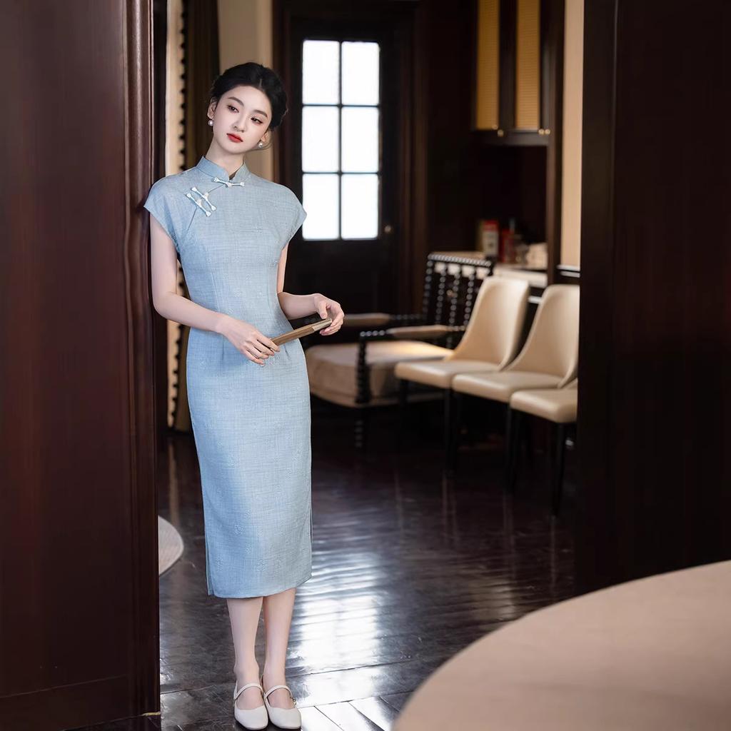 Blue-gray high-end daily women's mother cheongsam 1011 new retro improved Chinese dress party wear