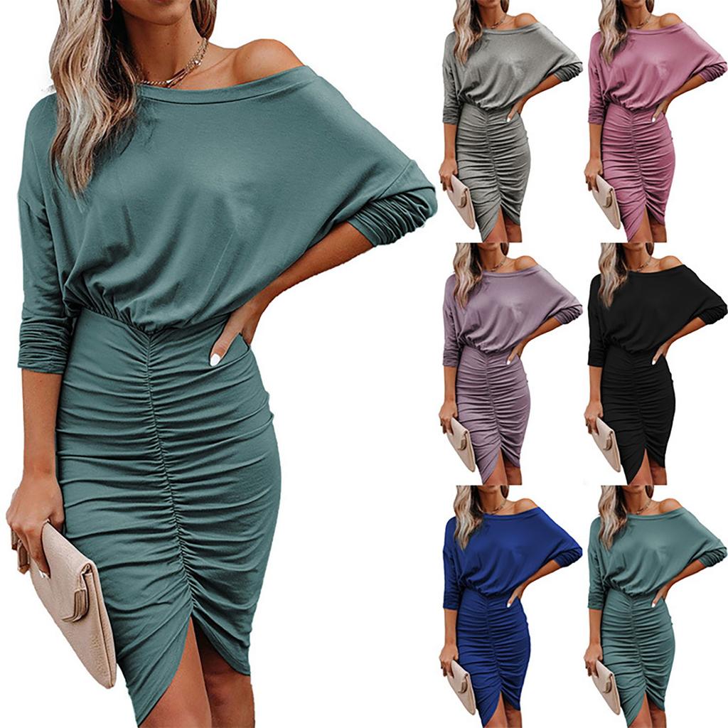 Vestido Mujer Mujer Manga Larga Delgada Hombro Inclinado Vestido Mujer Mujer Manga Larga Delgada Hombro Inclinado