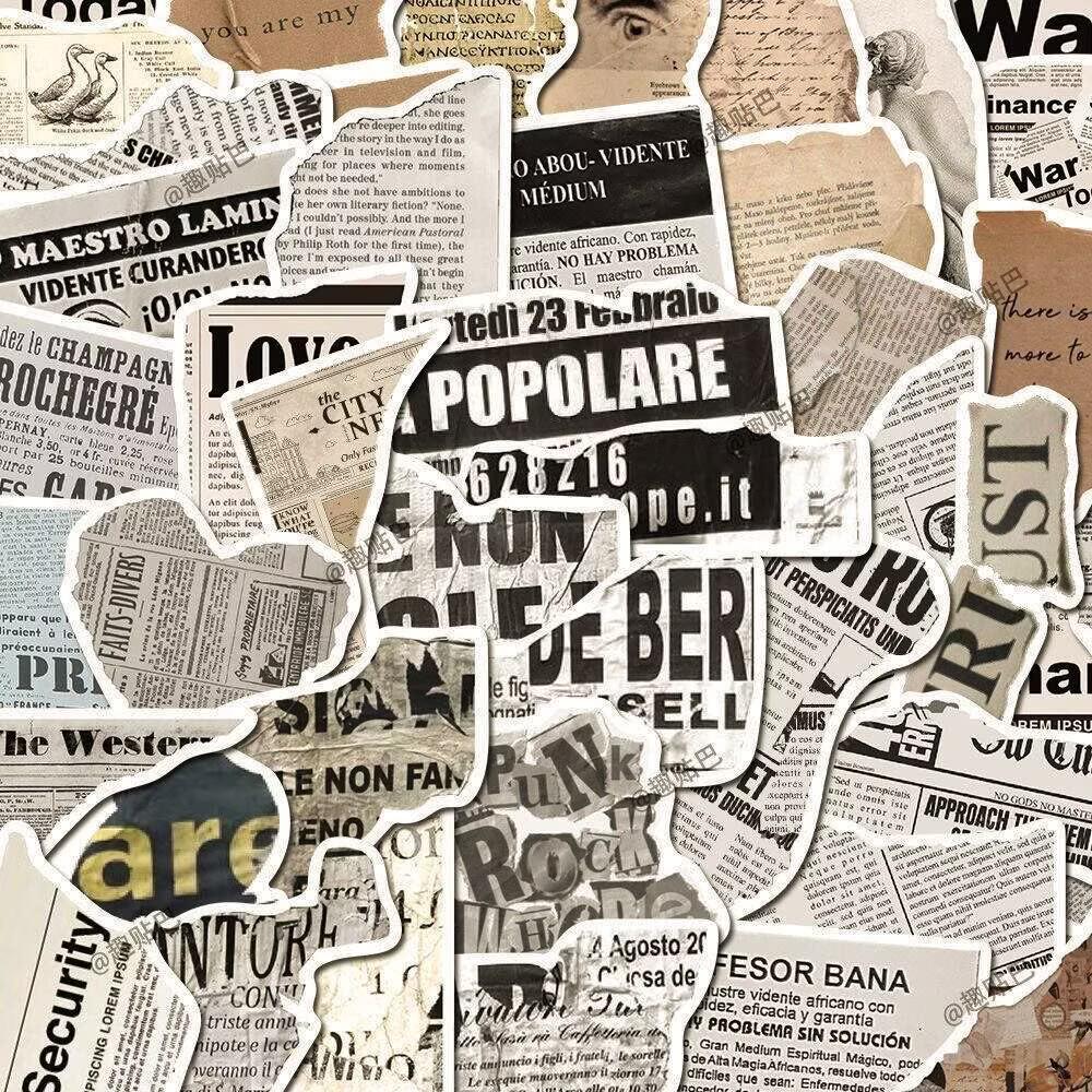 Aesthetic Retro Newspaper Style Journal Stickers - 50 Sheets