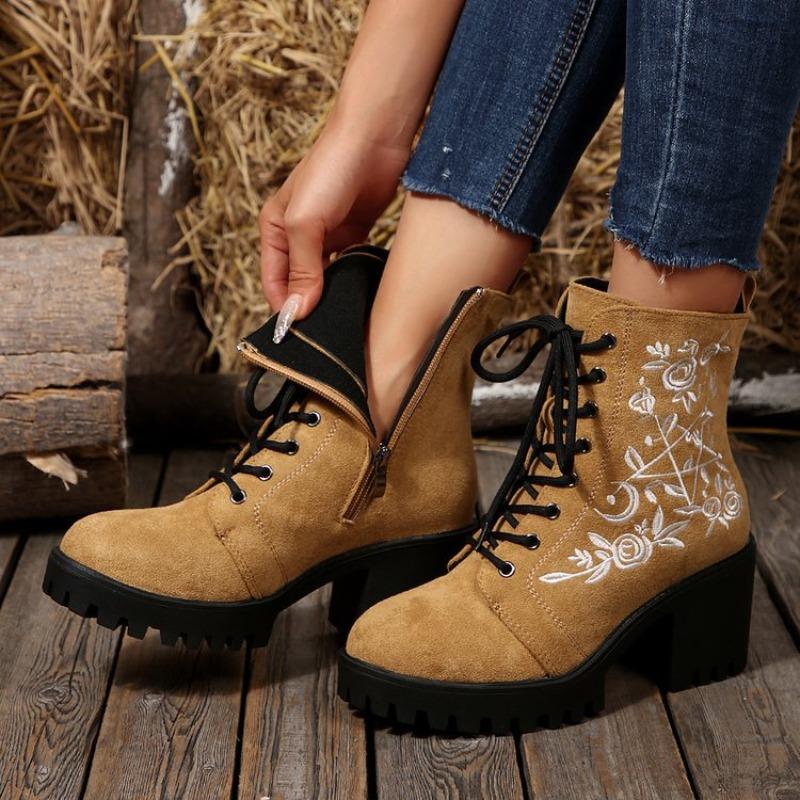 

Женские ботинки-челси большого размера на блочном каблуке с вышивкой и шнуровкой - Новинка Осень/Зима 2025, для широкой икры, модные повседневные, оптом 36 хаки