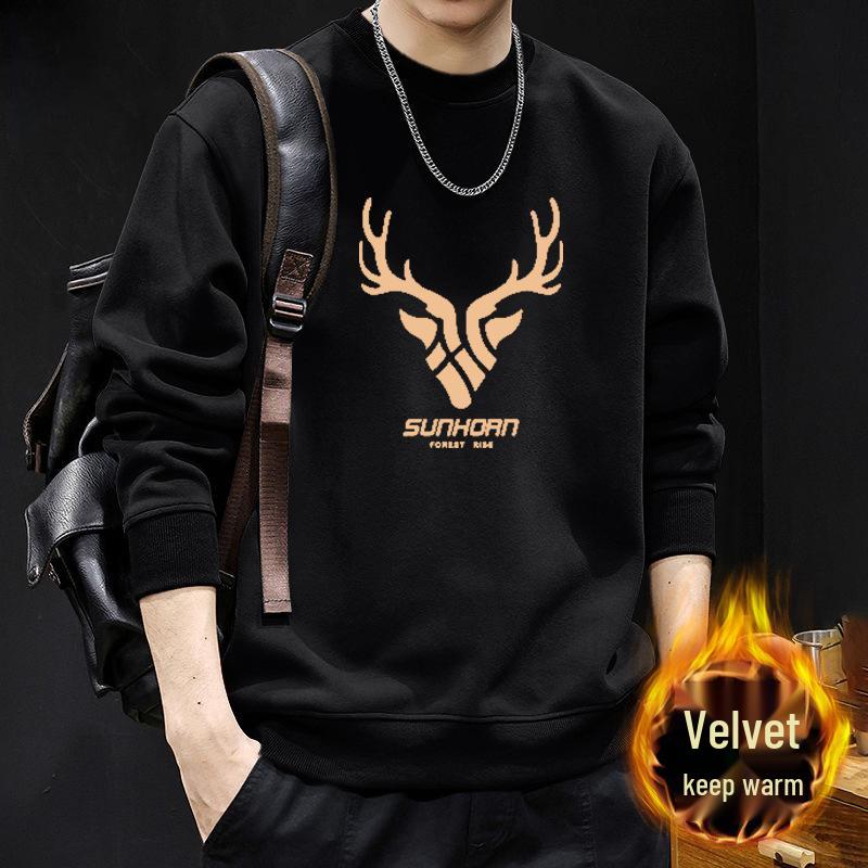 Men's Trendy Round Neck Hoodie - Plus Velvet, Autumn/Winter Style, American Brand, Perfect for Couples and Trendsetters.