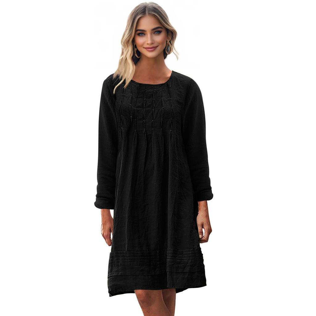 Women's Round-neck Solid-color Loose Casual Cotton And Linen Dress