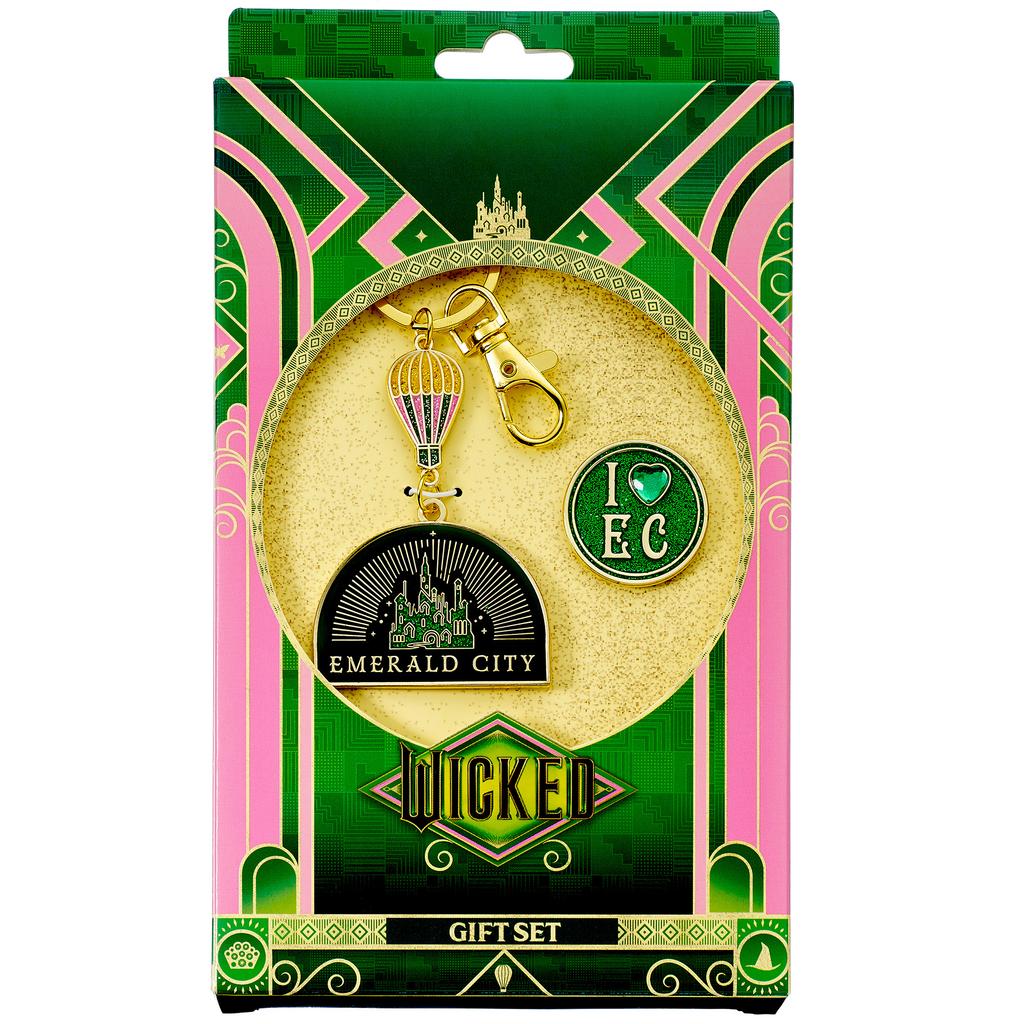 Wicked Emerald City Hot air Balloon Keyring & Pin badge Gift Set