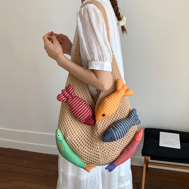 Yogodlns New Fish Cute Crochet Tote Bag Large Capacity Casual Woven Shoulder Bag Multicolor Handmade Knitted Bag