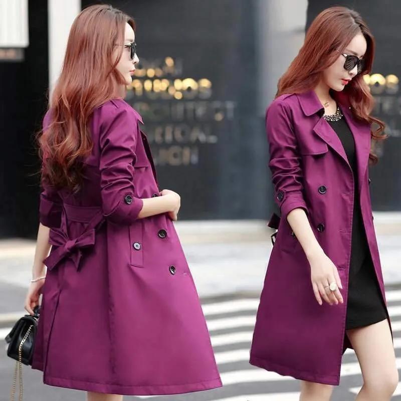 Women Spring and Autumn Korean Slim Waist Jacket with Belt Outwear Top Windbreaker Women Mid-Long Trench Coat