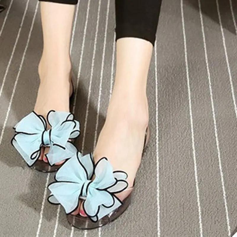 Fashion Women's Shoes No Heel Bow Footwear Transparent Jelly Summer 2024 Beach Sandals for Woman Outdoor Crystal Flat Rubber Trend H Vip