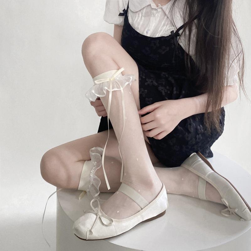 Beige Lace Ribbon Bow Knee High Socks Sweet Hottie Long Tube Socks and Calf Socks Thin Knee Length Stockings