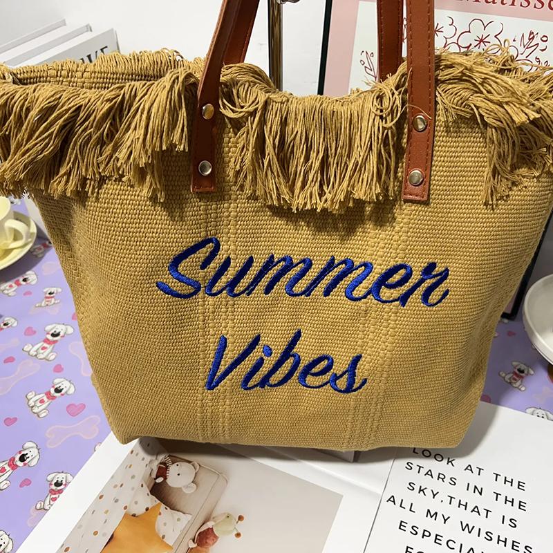 

WTEMPO Color-blocking Large-capacity Canvas Bags Casual and Fashionable Tote Bags Simple Embroidered Commuter Women s Bags Summer Beach Bags 1pc хаки