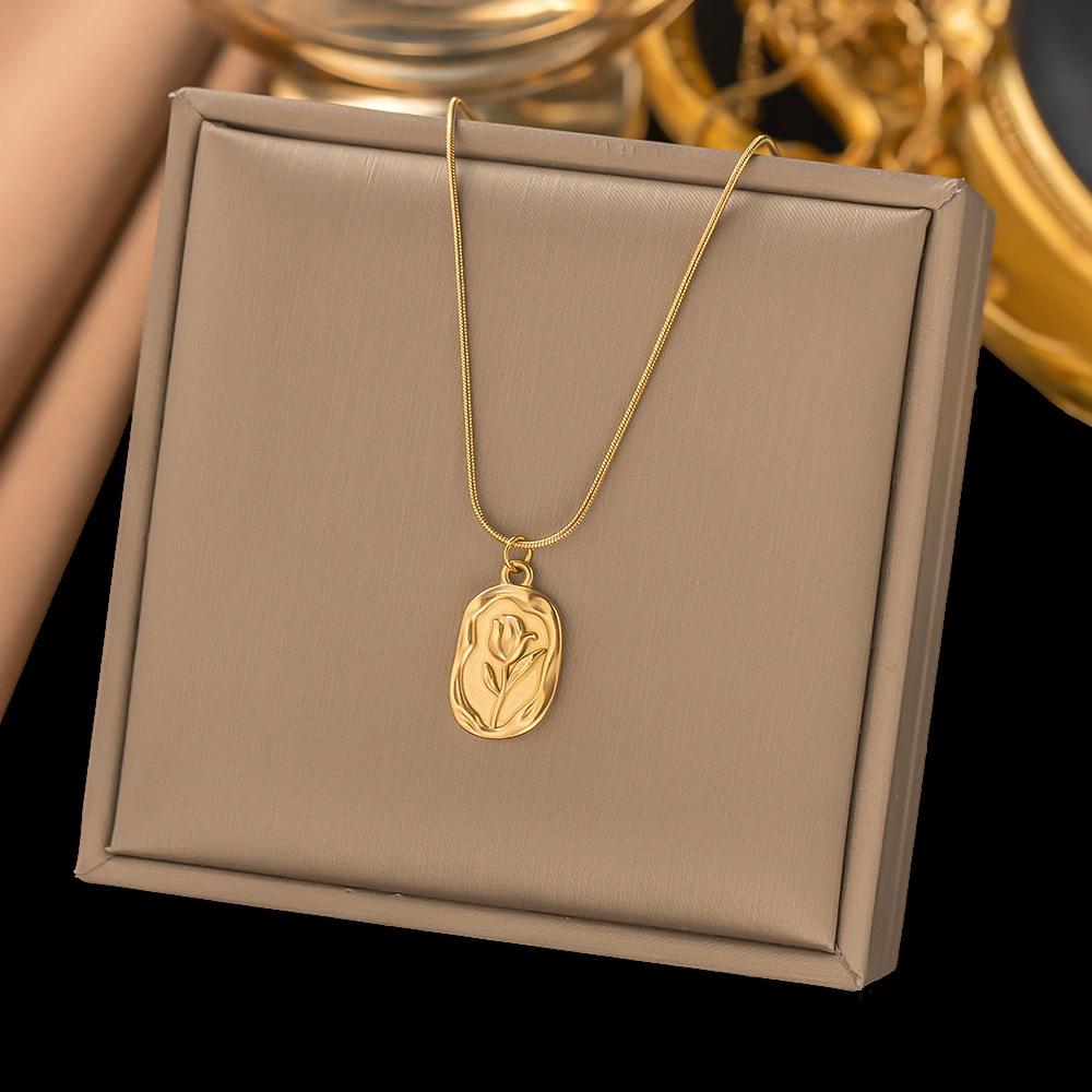 Vintage Fashion Simple Geometric Rose Pendant Necklace For Women Female Boho Gold-plate Snake Chain Choker Jewelry Gift