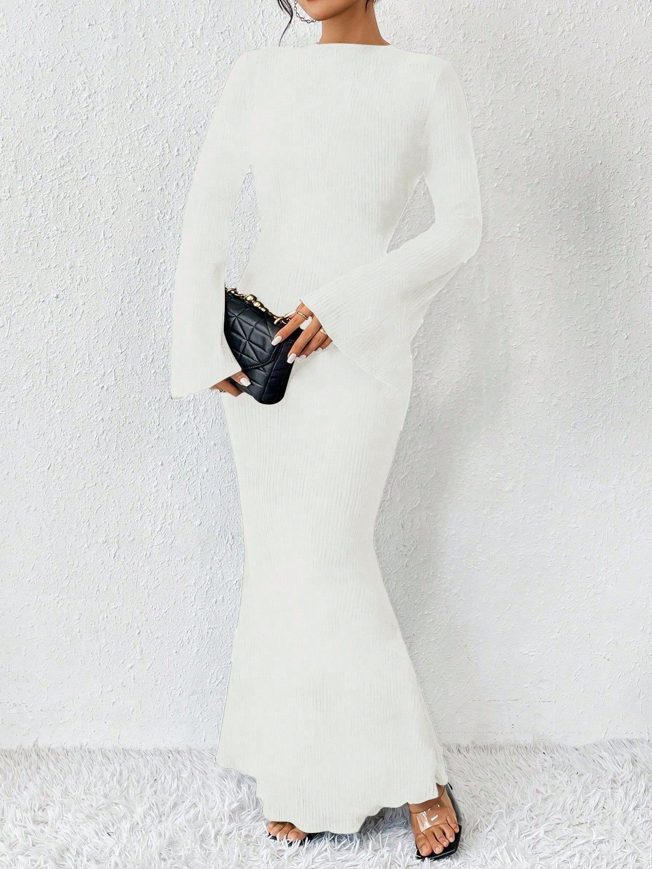 

Fashion Women s Casual V-Neck Printed Long Sleeve High Waist Printed Dress XS белый