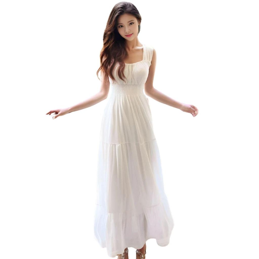 J-Scott Tiered Maxi Dress, Lined, Elastic Waist, Sleeveless, Summer Dress, Solid Color, White, JS81-WH-2XL