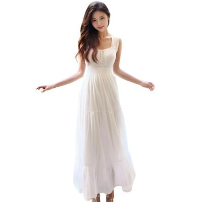 Tiered Maxi Elastic Summer Solid J-Scott Dress, Lined, Waist, Sleeveless, Dress, Color, White, JS81-WH-L
