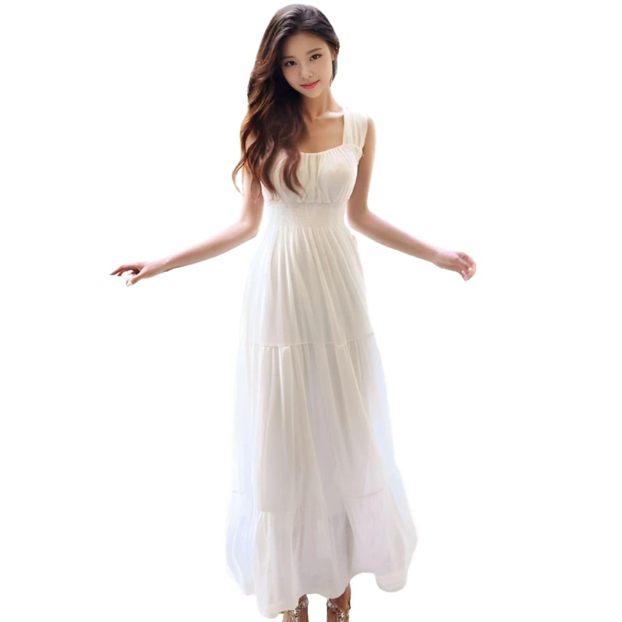 

J-Scott Tiered Maxi Dress, Lined, Elastic Waist, Sleeveless, Summer Dress, Solid Color, White, JS81-WH-2XL