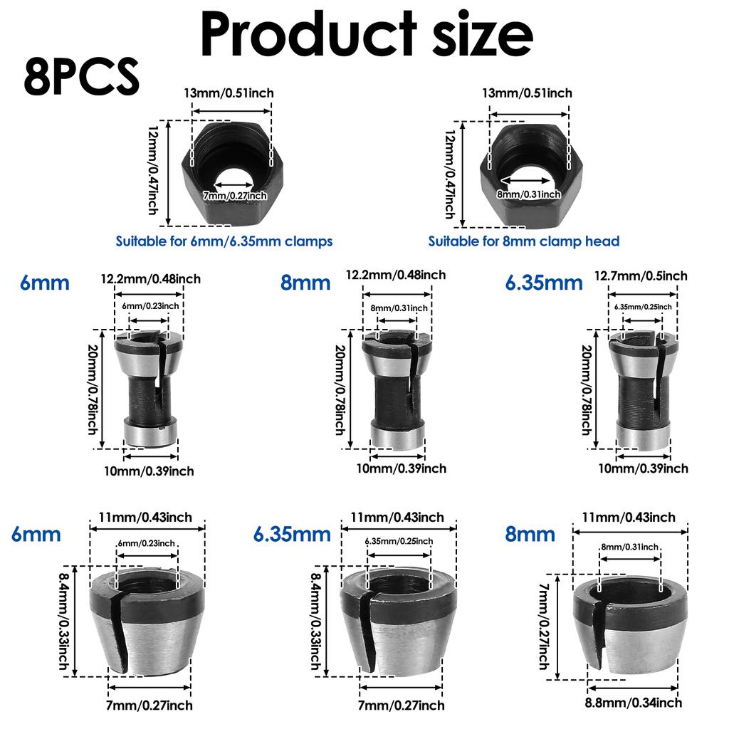6/8/12pcs Router Collet Chuck 6mm 6.35mm 8mm High Precision Trimmer Collet Adapter for Woodworking CNC Engraving Trimming Carvin