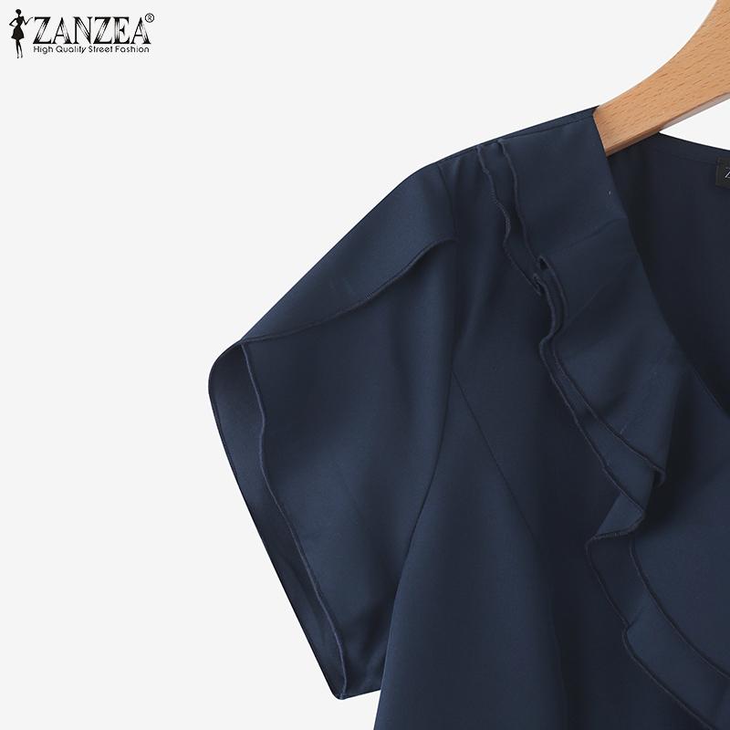 ZANZEA Γυναικεία Καλοκαιρινή Μπλούζα με Βολάν, V-λαιμόκοψη, Καθημερινή, Κοντομάνικη