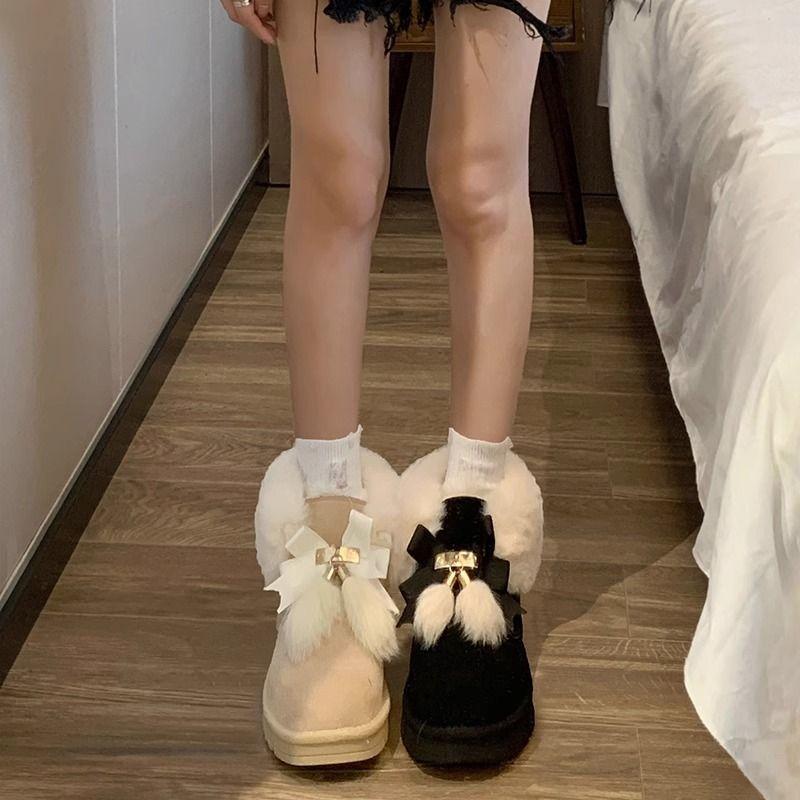 Fashion Cute Bow Round Toe Snow Boots for Women Winter Plush Ankle Furry Hot High Quality Sale Padded New Rock Trend 2025 Woman Shoes