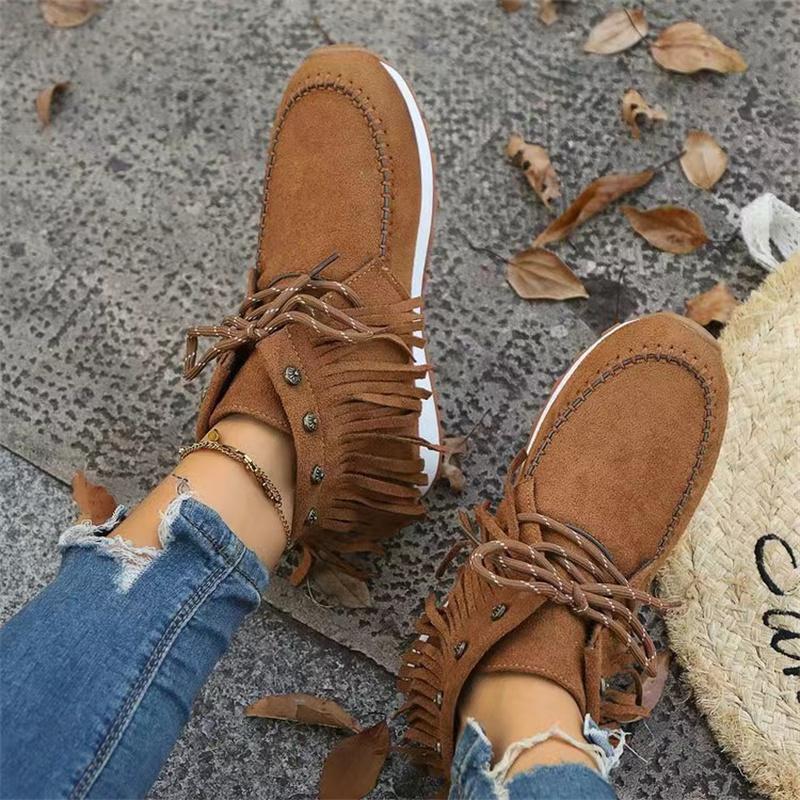 Fashion Tassel Flat Booties Low Top Round Toe  Dressy Close Fitting Casual Shoes Comfortable Women's Fashion Lace Up Ankle Boots