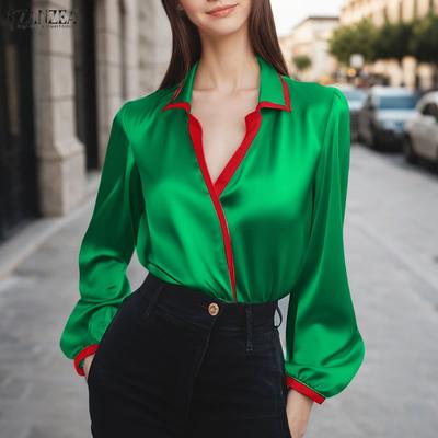 Casual V-hals Losse Lange Mouw Satin Blouse voor Dames