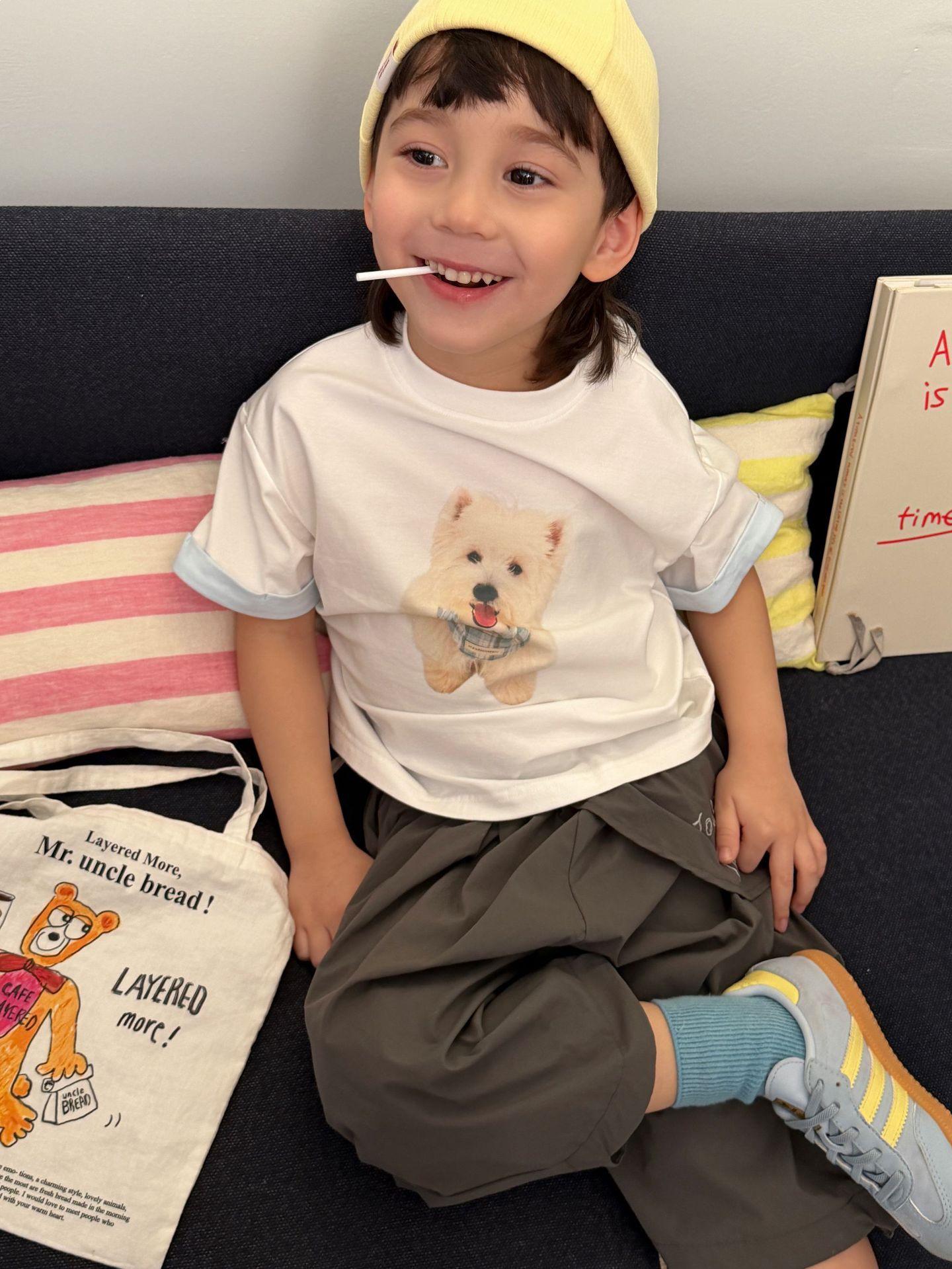 Large 26: New Summer Korean Cartoon Puppy Round Neck T-shirt for Boys 90cm белый