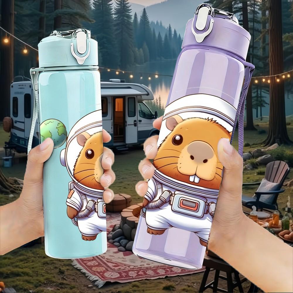 1PC Hamster Astronaut Space Cartoon Portrait 750ml Color Plastic Sports Water Bottle Leakproof Flip Straw Lid Suitable for Sports Office Home Use