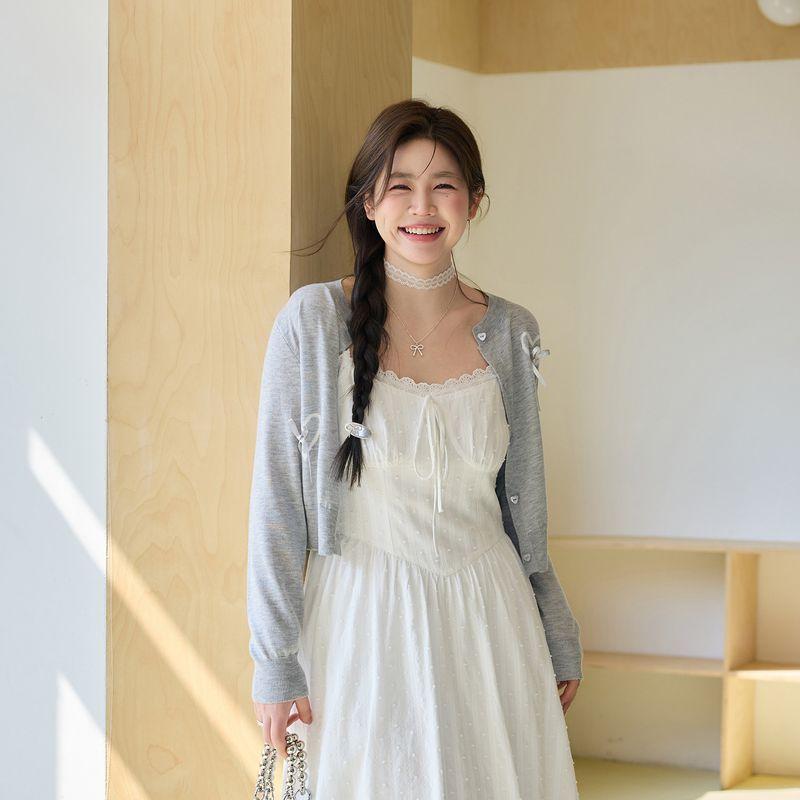 

Zhang Daren s New Spring Collection Plus-Size Women s Clothing for Chubby Girls, Slimming Dress, Pure and Gentle Style, White Strap Dress Cardigan L