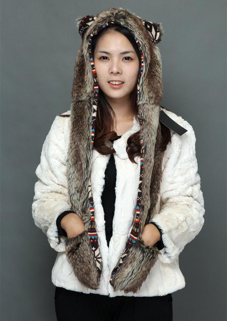 Favorable Price Faux Fur White Wolf Cat Ear Hooded Scarf Hat Plush Animal Ear Hat with Scarf for Cosplay Halloween